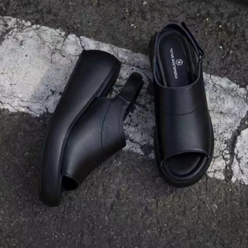 Peep Toe Ankle Strap Waterproof Wedge Sandals - Black image