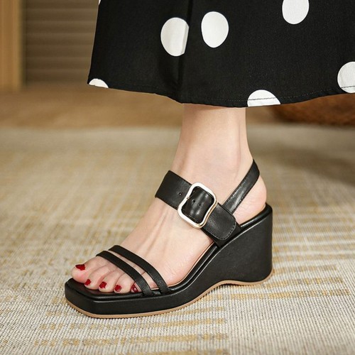Thick Soled Strapped Square Toe Wedge Women Sandals Black image
