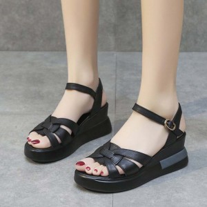 Multi Strapped Buckle Closure Women Wedge Sandals Black