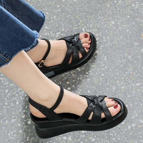 Multi Strapped Buckle Closure Women Wedge Sandals Black image