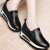 Women Thick Slope Bottom Leather Sports Running Shoes-Black