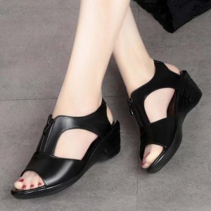 Casual Style Thick Soled Hollow Peep Toe Zipper Wedge Sandals Black
