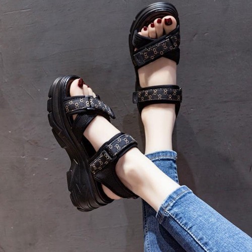 Sport Style Platform Velcro Soft Bottom Women Wedge Sandals - Black image