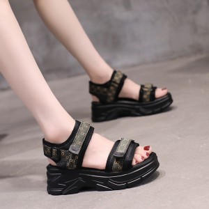 Sport Style Platform Velcro Soft Bottom Women Wedge Sandals - Black