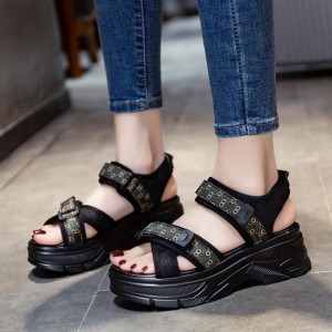 Sport Style Platform Velcro Soft Bottom Women Wedge Sandals - Black
