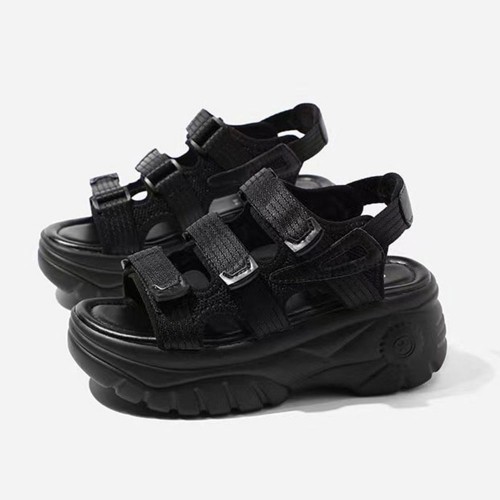 Casual Style Peep Toe Hollow Muffin Velcro High Wedge Sandals - Black image