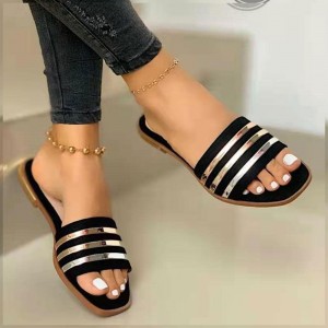 Casual Style Non Slip Square Toe Flat Slippers - Black