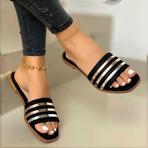 Casual Style Non Slip Square Toe Flat Slippers - Black image