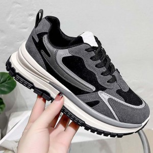 Round Head Laces Up Chunky Heel Women Sneakers Black