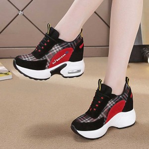 Round Toed Plaid Pattern Lace Up Mesh Sports Sneakers - Black