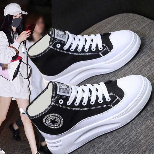 Lightweight High-top Lace Up Wedges Jogging Sneakers - Black image
