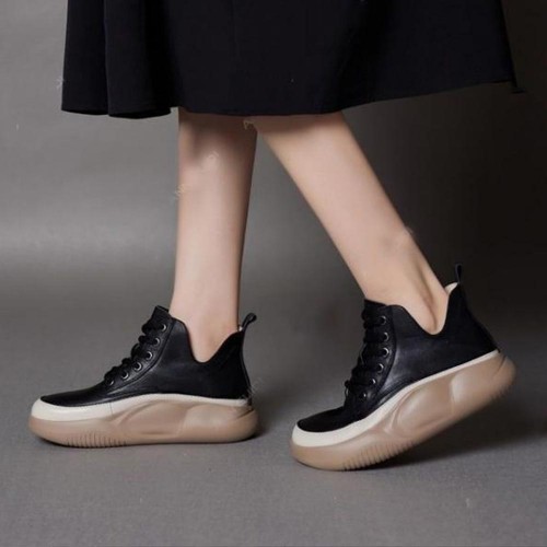 High Top Round Toe Thick Bottom Women Casual Sneakers Black image