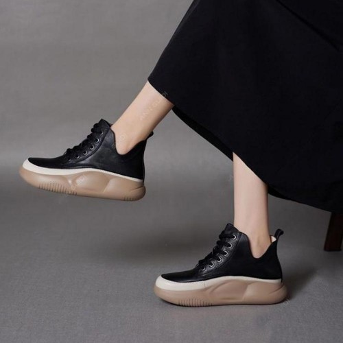 High Top Round Toe Thick Bottom Women Casual Sneakers Black image
