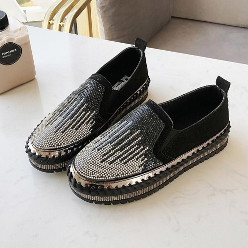 Casual Crystal Decorated Platform Slip On Loafers Flats - Black image