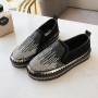 Casual Crystal Decorated Platform Slip On Loafers Flats - Black