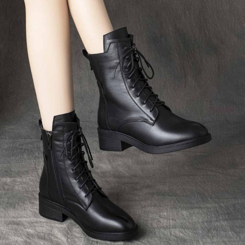 Casual Style High Top Chunky Laces Up Women Boots Black image
