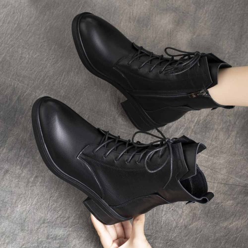 Casual Style High Top Chunky Laces Up Women Boots Black image