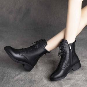 Casual Style High Top Chunky Laces Up Women Boots Black