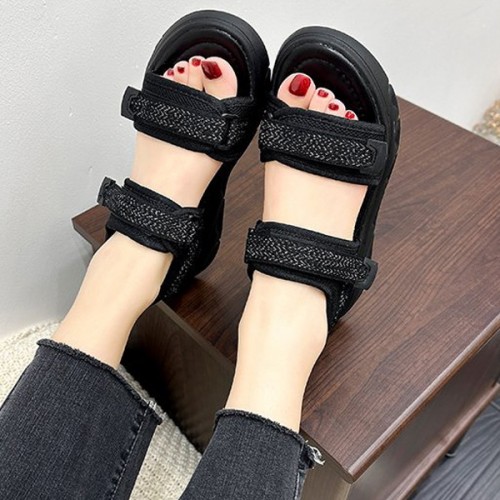 Comfortable Velcro Ankle Strap Open Toe Wedge Sandals - Black image