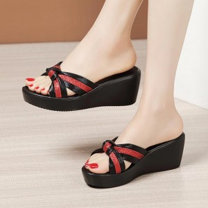 Cross Straps Soft Sole Open Toe Slip On Wedge Slippers - Red