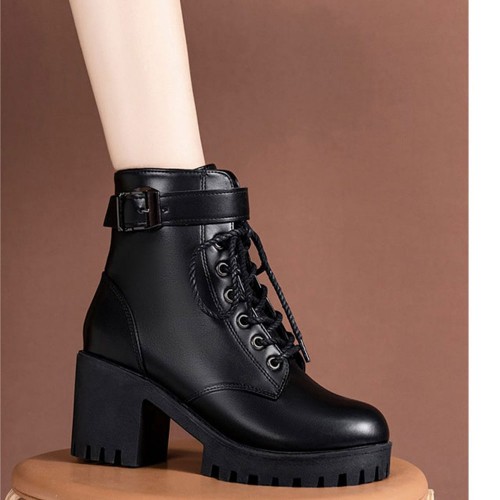 Buy Platform Round Toe Thick Sole Ankle Strap Boots - Black | Fashion ...