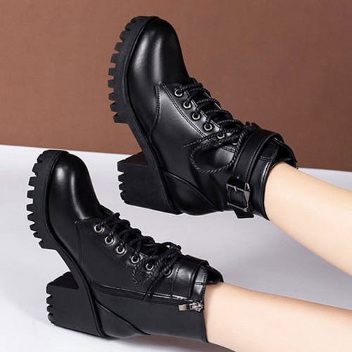 Platform Round Toe Thick Sole Ankle Strap Boots - Black image