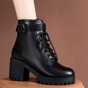 Platform Round Toe Thick Sole Ankle Strap Boots - Black