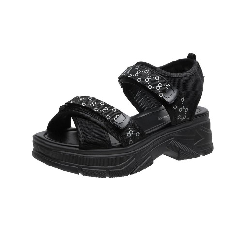 Open Toe Velcro Closure Cross Border Strappy Wedge Sandals - Black image