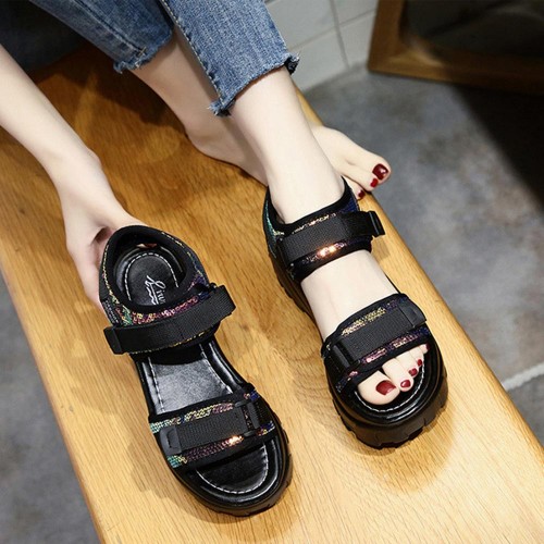 Sequin Velcro Closure Strap Peep Toe Women Wedge Sandals - Black image
