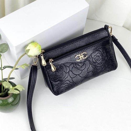 Korean Style Floral Zipper Diagonal Shoulder Bag - Black image