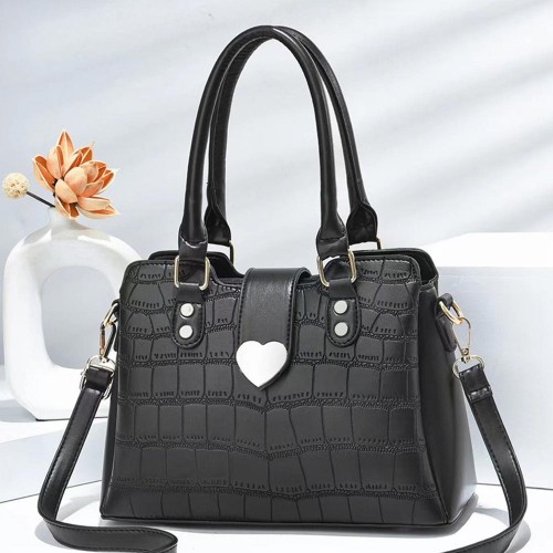 Luxury Double Handle Stone Pattern Zipper Closure Handbag - Black image