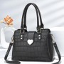 Luxury Double Handle Stone Pattern Zipper Closure Handbag - Black