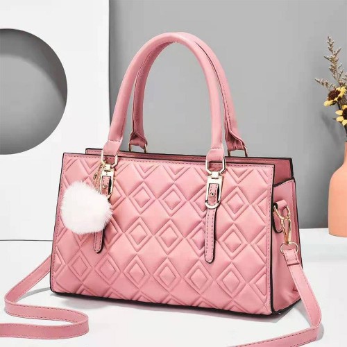 Embossed Geometric Pattern Fur Ball Hanging Tote Handbag - Pink image