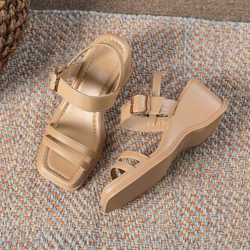 Thick Soled Strapped Square Toe Wedge Women Sandals Beige image