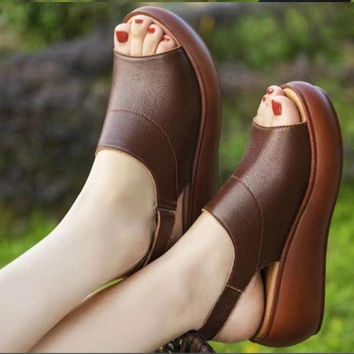 Peep Toe Ankle Strap Waterproof Wedge Sandals - Brown image