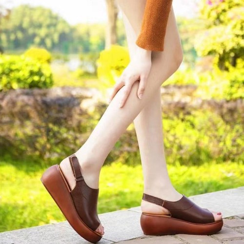 Peep Toe Ankle Strap Waterproof Wedge Sandals - Brown image