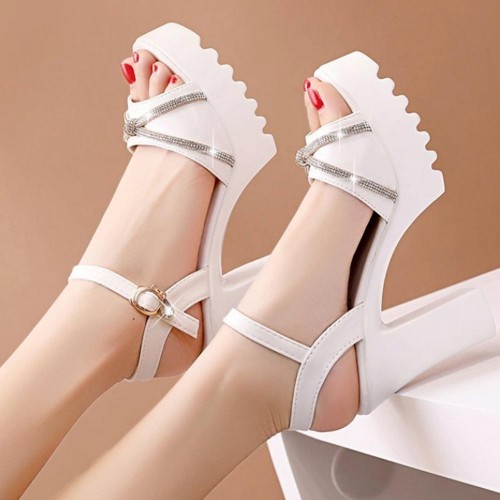 Bohemian Platform Buckle Strap Women High Heel Sandals - White image