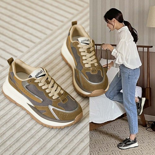 Round Head Laces Up Chunky Heel Women Sneakers Brown image