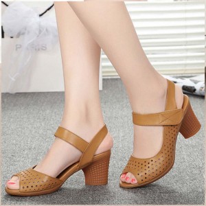 Vintage Style Fish Mouth Velcro Mid Heels Women Sandals Brown