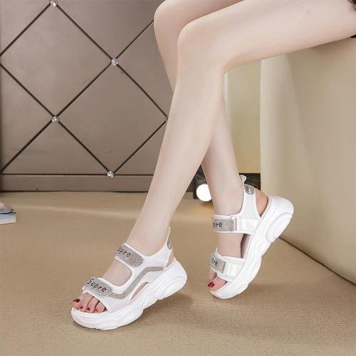 Rhinestone Muffin Open Toe Velcro Wedge Sporty Sandals - White image