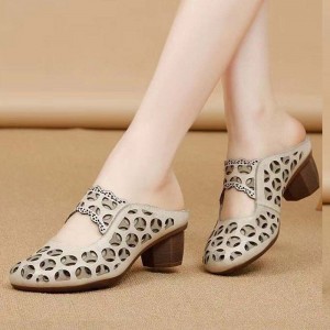 Vintage Style Round Head Hollow Breathable Mid Heels Slippers Beige