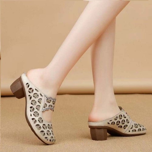 Vintage Style Round Head Hollow Breathable Mid Heels Slippers Beige image