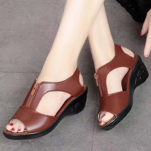 Casual Style Thick Soled Hollow Peep Toe Zipper Wedge Sandals Brown image