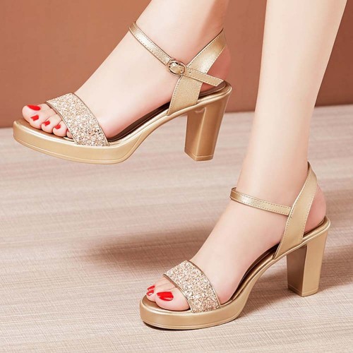 Buckle Closure Peep Toe Ankle Strap High Heel Stiletto Sandals - Gold image