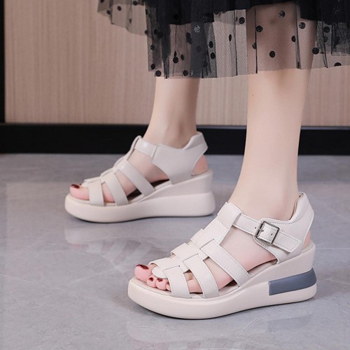 Fish Mouth Strappy Hollow Buckle Closure Wedge Sandals - Cream image