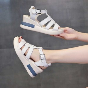 Fish Mouth Strappy Hollow Buckle Closure Wedge Sandals - Cream