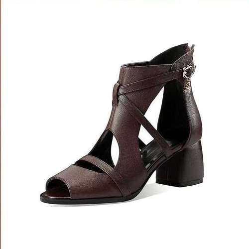 Zipper Closure Leather Hollow Square Women High Heels Brown image