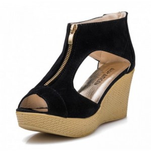 Suede Leather High Wedge Zipper Sandals For Women-Black