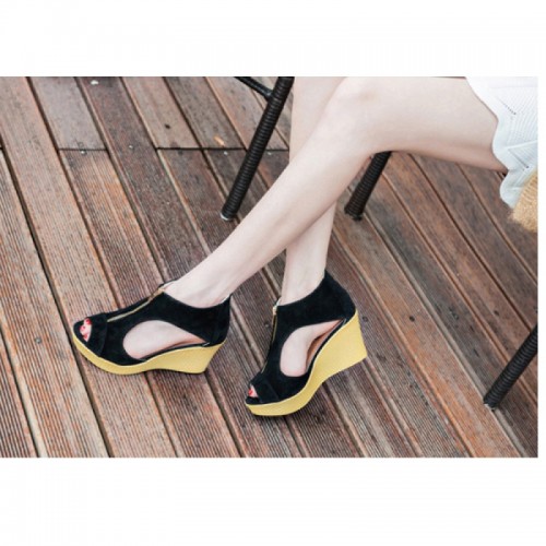 Suede Leather High Wedge Zipper Sandals For Women-Black image