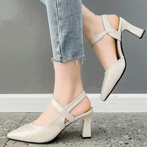 Ankle Strap Pointed Toe Soft Women High Heels Beige